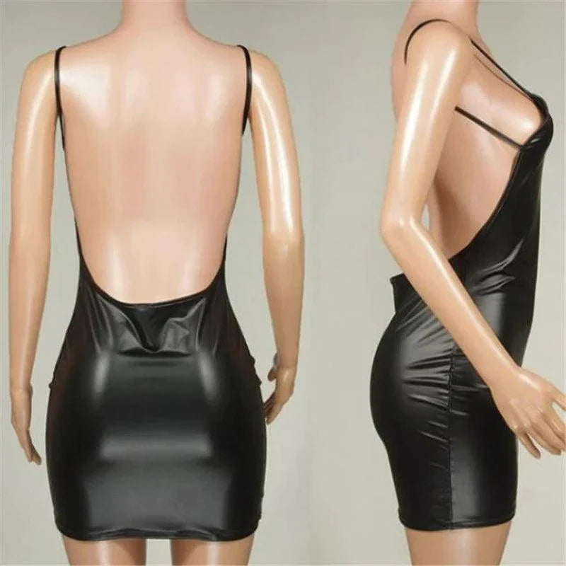 Fierce & Fabulous Faux Leather Backless Mini Dress - Wet Look Bodycon with Push-Up Bra for Unforgettable Nights